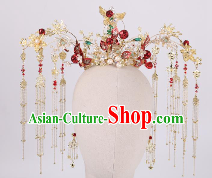 Chinese Wedding Phoenix Coronet Hair Accessories Traditional Bride Hairpins Xiuhe Suit Hair Crown Full Set