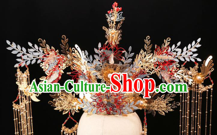 Chinese Wedding Golden Tassel Phoenix Coronet Traditional Xiuhe Suit Hair Crown Bride Hair Accessories Full Set