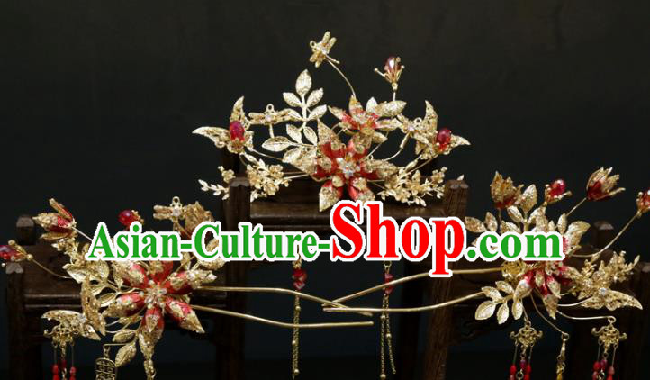 Chinese Xiuhe Suit Classical Hair Accessories Traditional Wedding Golden Hair Comb and Tassel Hairpins