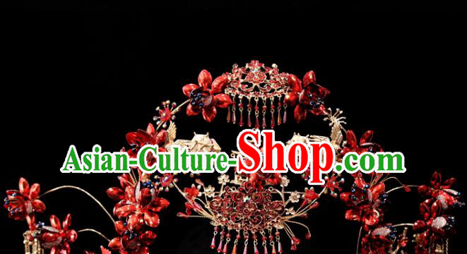 Chinese Wedding Bride Hair Crown Xiuhe Suit Hair Accessories Traditional Red Phoenix Coronet Full Set