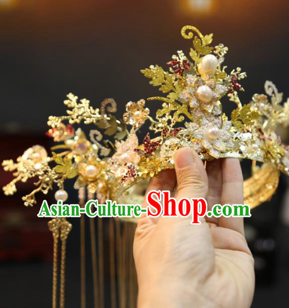 Chinese Bride Golden Hair Crown Xiuhe Suit Hair Accessories Traditional Wedding Phoenix Coronet