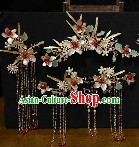 Chinese Bride Peach Blossom Hair Crown Xiuhe Suit Hair Accessories Traditional Wedding Tassel Hairpins Full Set