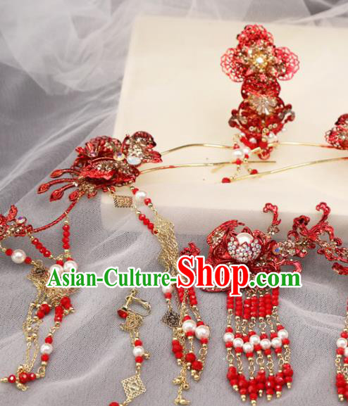 Chinese Bride Xiuhe Suit Hair Accessories Traditional Wedding Red Hair Crown and Phoenix Hairpins Complete Set