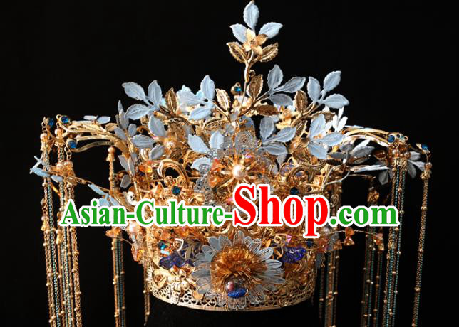 Chinese Traditional Wedding Blue Flower Phoenix Coronet Bride Xiuhe Suit Hair Accessories
