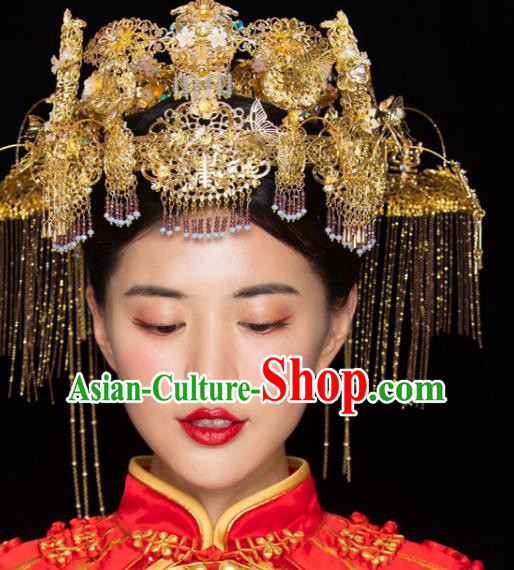 Chinese Traditional Wedding Hair Crown Bride Hair Accessories Xiuhe Suit Golden Phoenix Coronet Complete Set