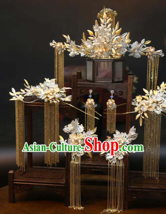 Chinese Xiuhe Suit Headdress Classical Hair Accessories Traditional Wedding Hair Crown and Golden Tassel Hairpins