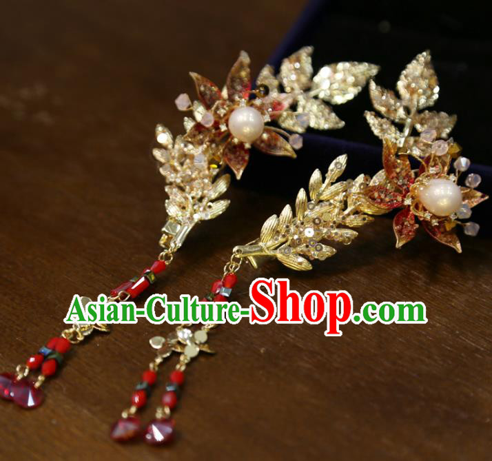 Chinese Traditional Wedding Golden Leaf Hair Sticks Classical Hair Accessories Xiuhe Suit Hairpins