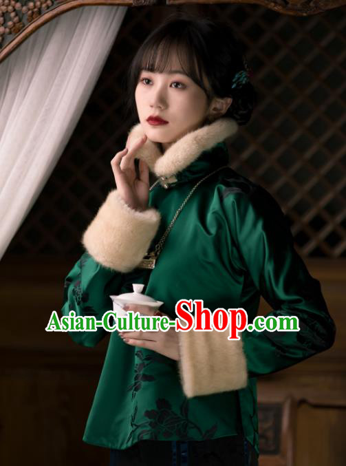 China Tang Suit Green Silk Jacket Traditional Upper Outer Garment Winter Clothing for Women