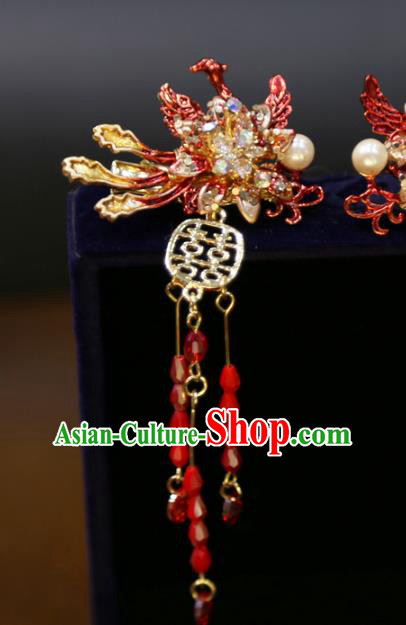 Chinese Wedding Xiuhe Suit Red Beads Tassel Hairpins Traditional Classical Hair Accessories Phoenix Hair Sticks