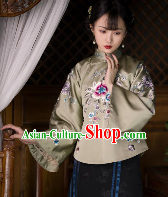 Chinese Traditional Upper Outer Garment Clothing Republic of China Coat Tang Suit Embroidered Green Silk Jacket for Women