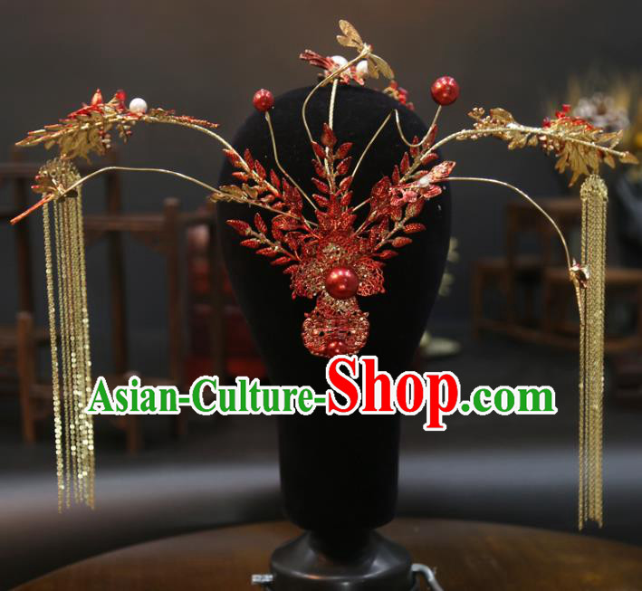 China Handmade Golden Tassel Hair Crown Wedding Hair Jewelry Accessories Traditional Bride Red Phoenix Coronet