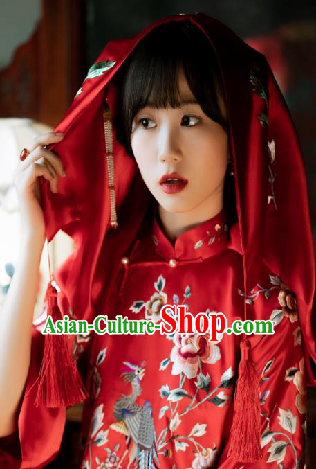 Chinese Handmade Red Bridal Veil Traditional Wedding Embroidered Accessories Classical Headpiece