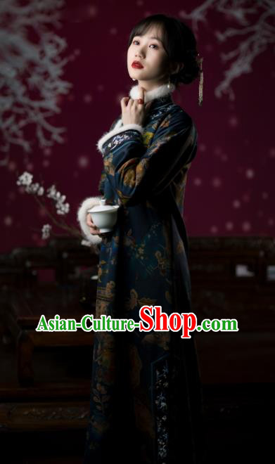 Chinese Traditional Qipao Dress Qing Dynasty Costume Winter Deep Blue Silk Cheongsam