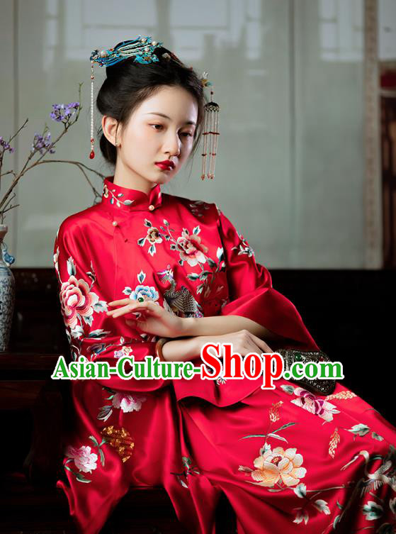 Chinese Traditional Wedding Costumes Xiuhe Suit Bride Embroidered Red Clothing Full Set