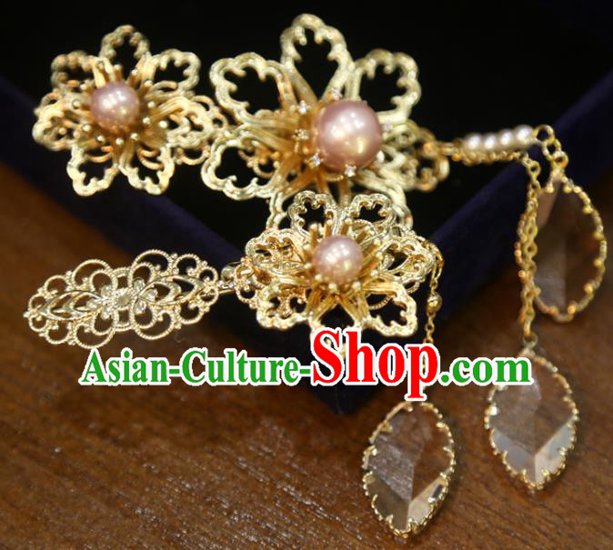 Chinese Wedding Xiuhe Suit Tassel Hairpins Classical Hair Accessories Traditional Golden Flower Hair Sticks