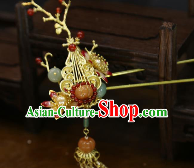 Chinese Wedding Jade Pumpkin Hairpins Traditional Classical Hair Accessories Xiuhe Suit Golden Lute Hair Stick