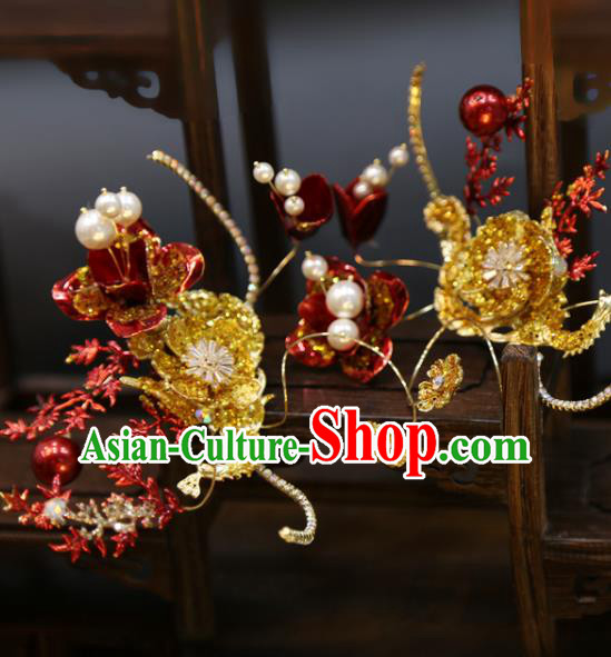 Chinese Xiuhe Suit Red Flower Hairpins Classical Hair Accessories Traditional Wedding Hair Sticks