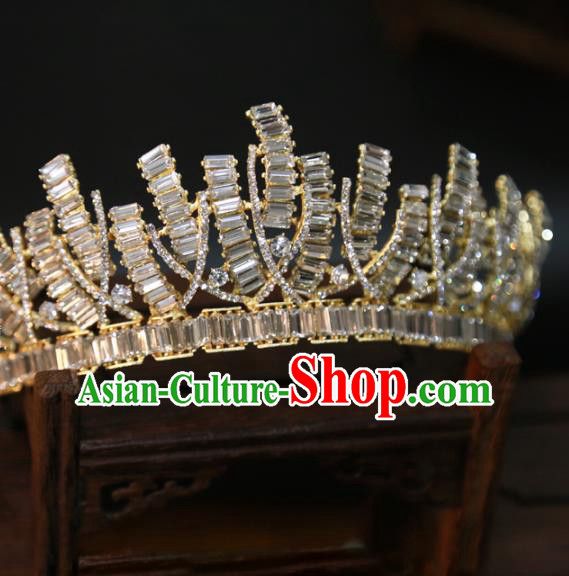 Top Grade Handmade Golden Royal Crown Europe Princess Wedding Hair Jewelry Zircon Accessories