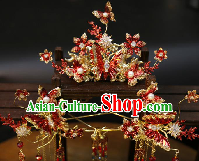 Chinese Classical Hair Accessories Traditional Wedding Xiuhe Suit Red Butterfly Hair Crown and Hairpins Full Set