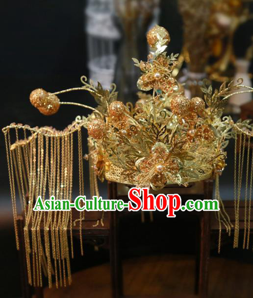 Chinese Classical Golden Tassel Hair Crown Traditional Hair Accessories Wedding Xiuhe Suit Phoenix Coronet