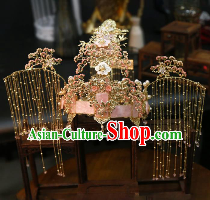 Chinese Wedding Xiuhe Suit Pink Phoenix Coronet Classical Pine Hair Crown Traditional Hair Accessories