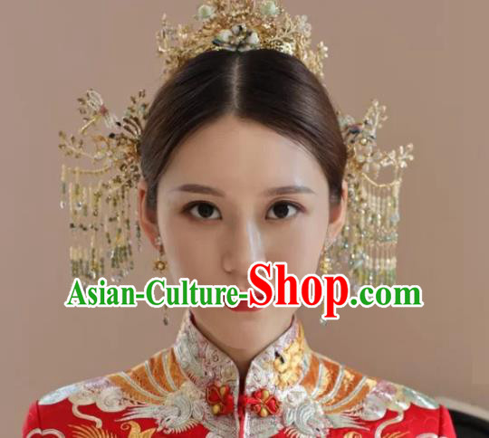 Chinese Xiuhe Suit Headpieces Traditional Wedding Hair Accessories Classical Hair Crown and Tassel Hairpins Full Set