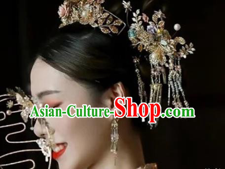 Chinese Xiuhe Suit Hair Crown and Tassel Hairpins Traditional Wedding Hair Accessories Full Set