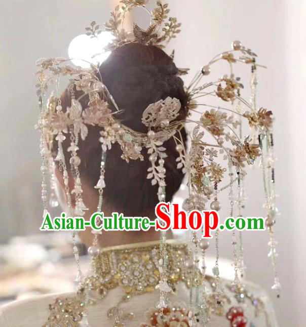 Chinese Xiuhe Suit Tassel Phoenix Coronet Traditional Wedding Hair Accessories Hair Crown and Hairpins Full Set