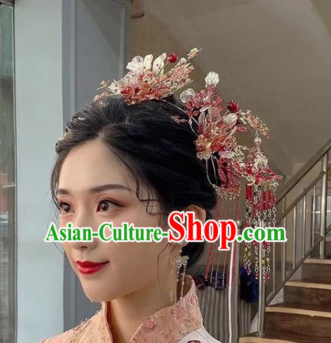 Chinese Traditional Wedding Hair Accessories Hair Crown and Hairpins Xiuhe Suit Red Tassel Phoenix Coronet Full Set