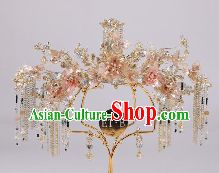 Chinese Pink Flowers Hair Crown Traditional Wedding Hair Accessories Xiuhe Suit Phoenix Coronet Full Set