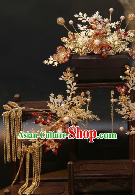 Chinese Traditional Golden Hair Comb and Hairpins Wedding Hair Accessories Xiuhe Suit Headpieces Full Set