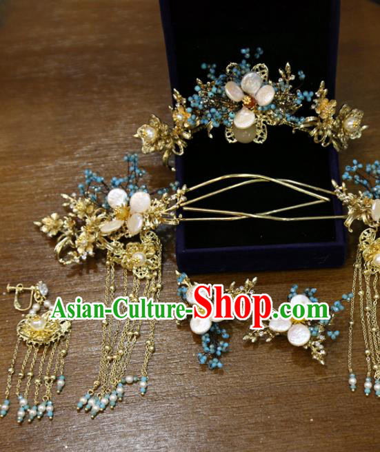 Chinese Xiuhe Suit Shell Plum Hair Crown Classical Hair Accessories Traditional Wedding Tassel Hairpins Full Set