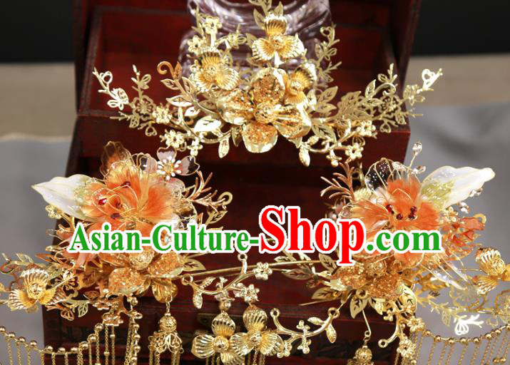 Chinese Traditional Wedding Hair Accessories Xiuhe Suit Golden Flowers Hair Comb Hairpins Full Set