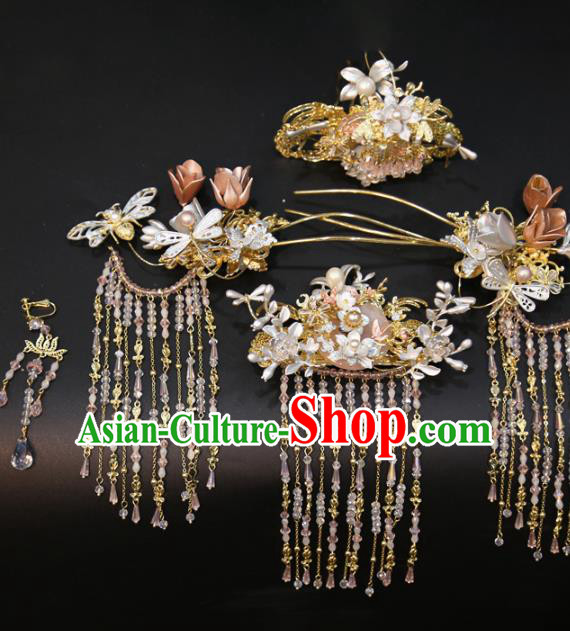 Chinese Traditional Headdress Wedding Hair Accessories Xiuhe Suit Golden Hair Crown and Tassel Hairpins Full Set