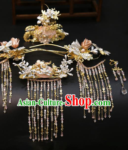 Chinese Traditional Headdress Wedding Hair Accessories Xiuhe Suit Golden Hair Crown and Tassel Hairpins Full Set