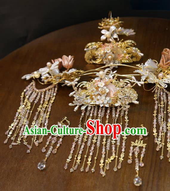 Chinese Traditional Headdress Wedding Hair Accessories Xiuhe Suit Golden Hair Crown and Tassel Hairpins Full Set