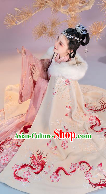 China Ancient Princess Embroidered Lotus Dragon White Cloak Traditional Jin Dynasty Palace Woman Hanfu Clothing