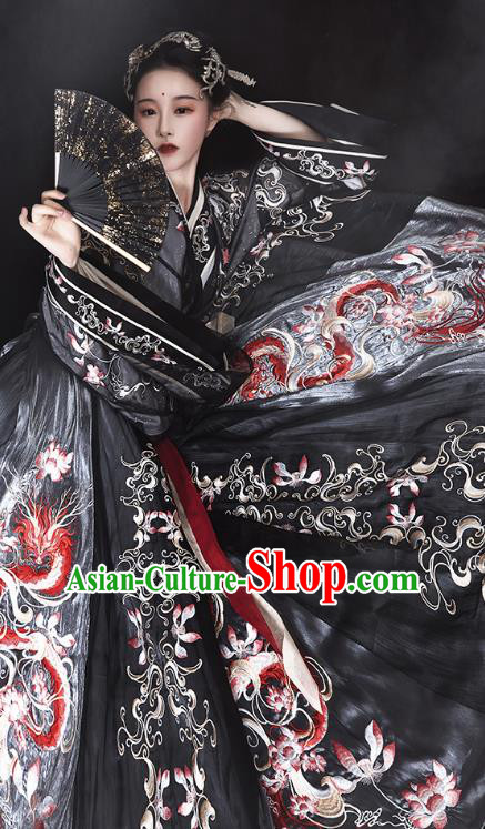 Ancient China Jin Dynasty Imperial Concubine Hanfu Dress Traditional Embroidered Black Clothing Full Set