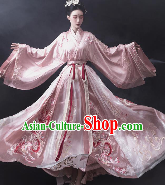 China Traditional Jin Dynasty Princess Pink Hanfu Dress Ancient Palace Lady Embroidered Clothing Complete Set