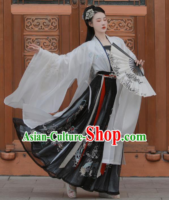 Traditional China Tang Dynasty Court Lady Clothing Ancient Embroidered Hanfu Dress White Cloak Blouse and Skirt Full Set