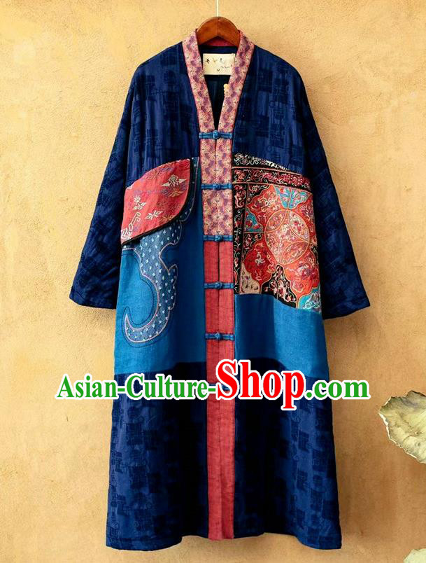 China National Women Dust Coat Traditional Embroidered Costume Tang Suit Navy Flax Overcoat