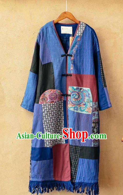 China Tang Suit Blue Flax Overcoat National Women Dust Coat Traditional Embroidered Costume