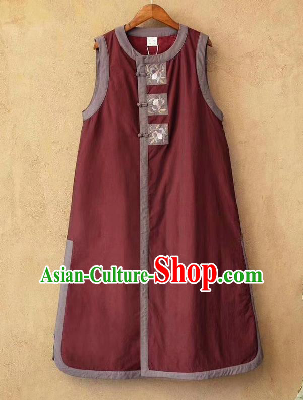 China Women Traditional Tang Suit Upper Outer Garment Clothing Embroidered Vest National Purplish Red Flax Long Waistcoat