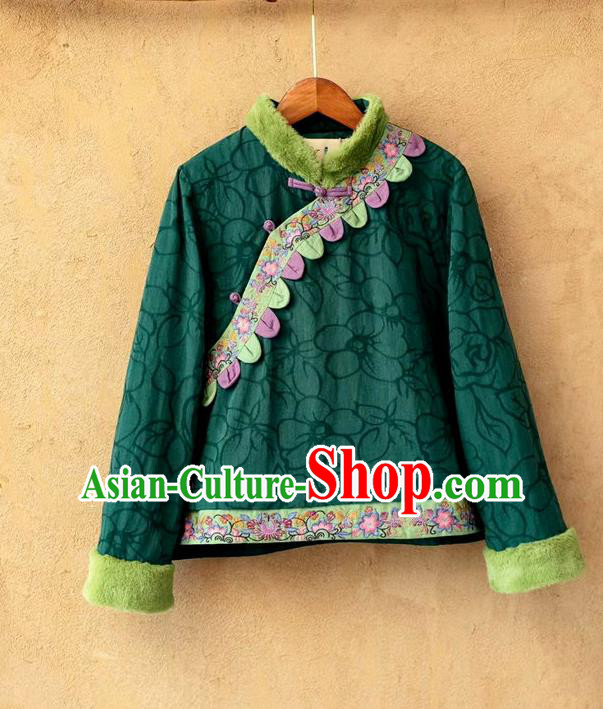 China National Women Overcoat Traditional Winter Top Costume Tang Suit Green Flax Cotton Padded Jacket