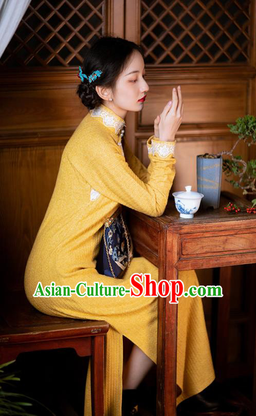 Chinese Classical Yellow Qipao Dress National Cheongsam Traditional Women Costume