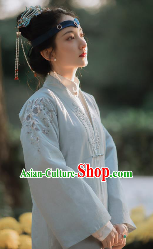 Traditional Chinese Qing Dynasty Noble Lady Blue Cloak Embroidered Dust Coat for Women