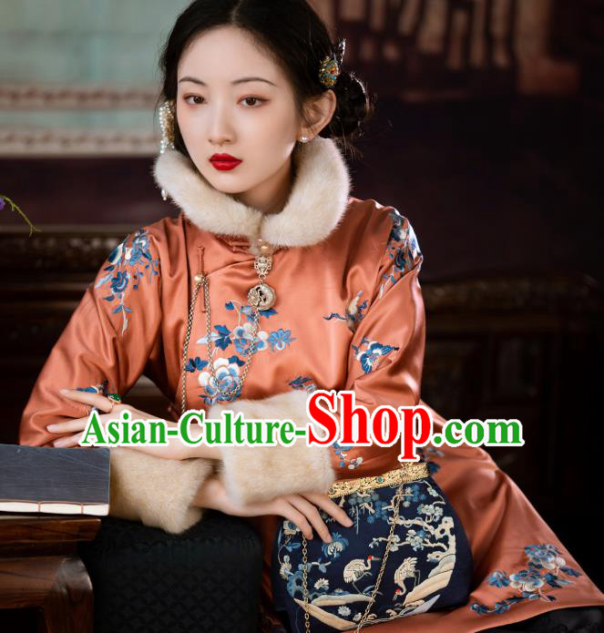 Chinese Traditional Orange Silk Cotton Padded Coat Qing Dynasty Noble Lady Embroidered Jacket for Women