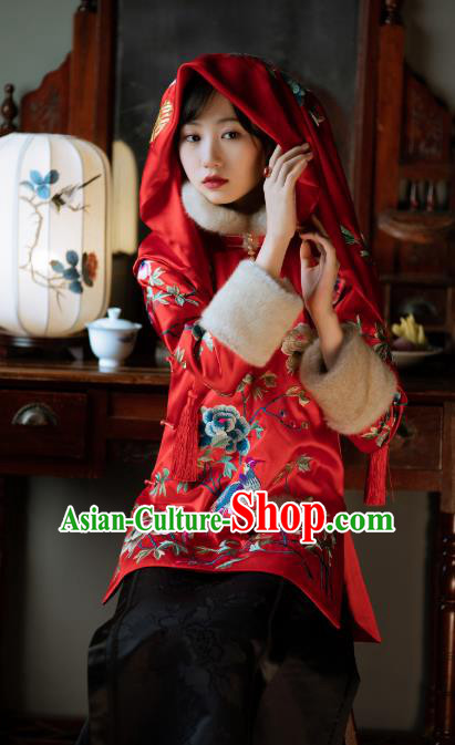 Chinese Traditional Wedding Red Silk Cotton Padded Coat Tang Suit Embroidered Jacket for Women