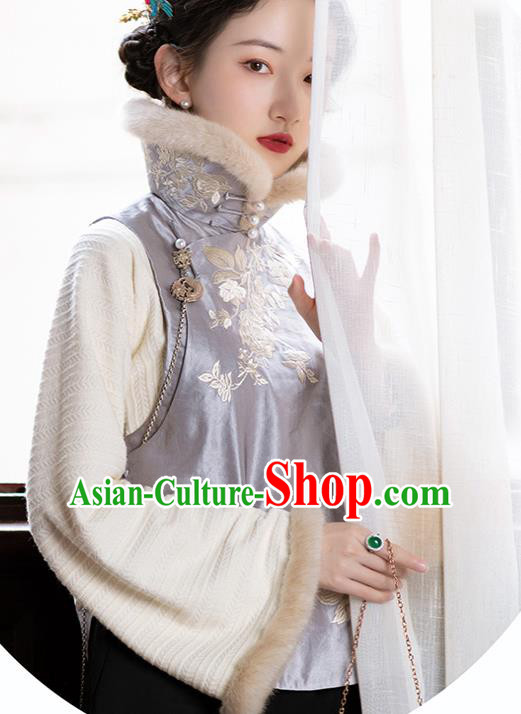 Chinese Traditional Embroidered Purple Silk Vest National Women Clothing Tang Suit Cotton Padded Waistcoat