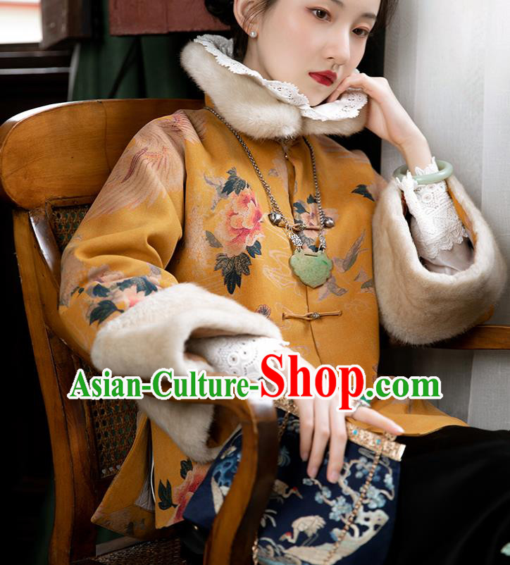 Chinese Traditional Mandarin Jacket Tang Suit Outer Garment Yellow Silk Cotton Padded Coat for Women